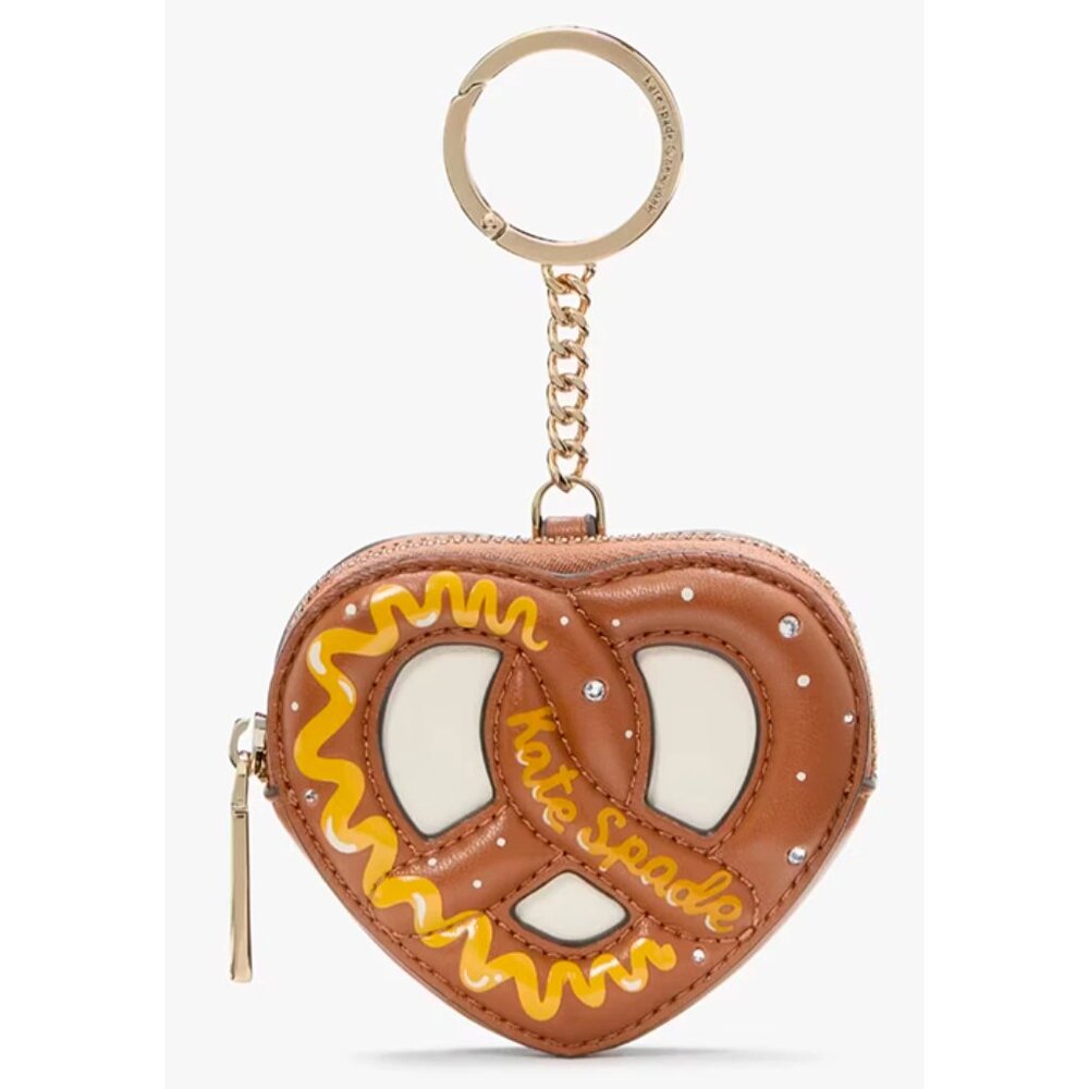 S Kate Spade NYC Big Apple 3D Pretzel Coin Purse KJ062 Brown White Key Chain NWT